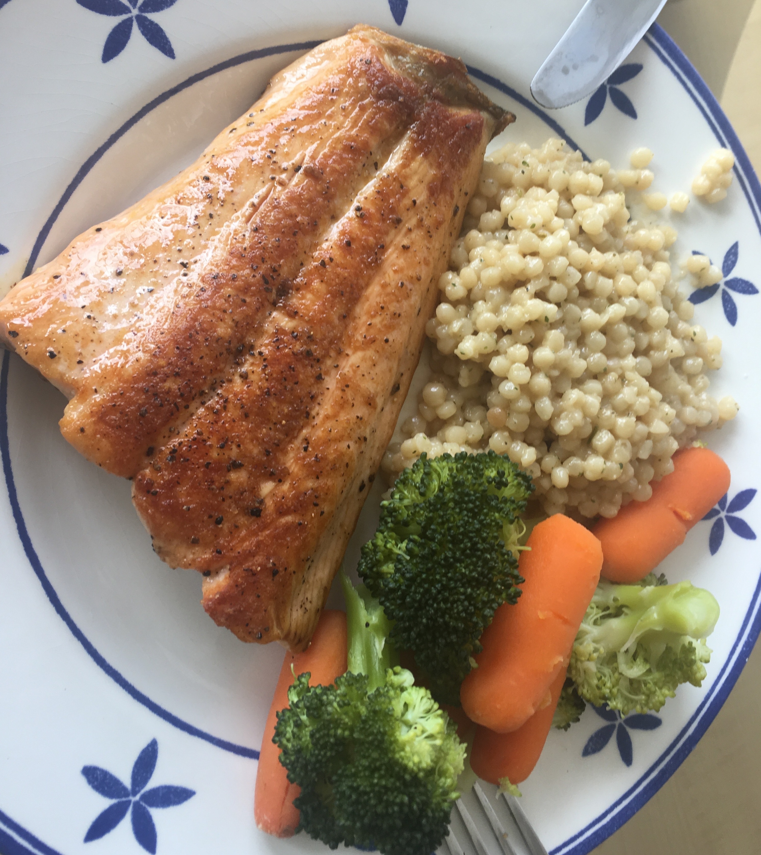 Image of Plated Salmon, Broccoli * Carrots, Couscous